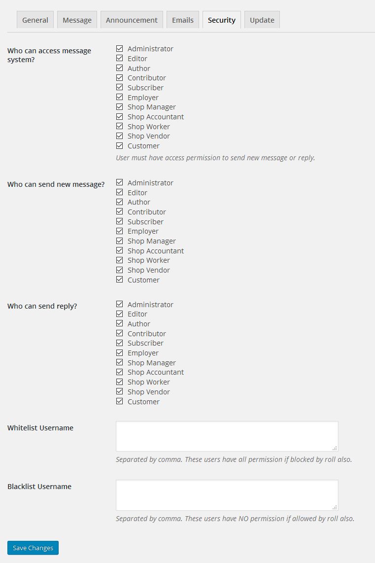 Front End PM admin settings security